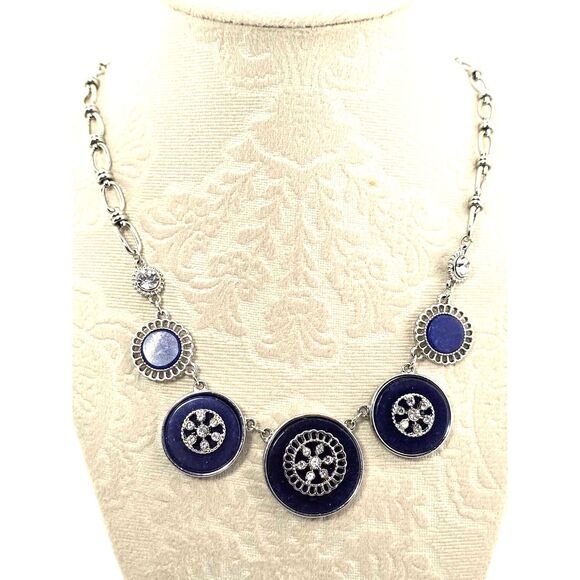 C Est. 1946 Jewelry - C est.1946 Brand Silver Tone & Blue Necklace 16” Rhinestone Medallions Chain